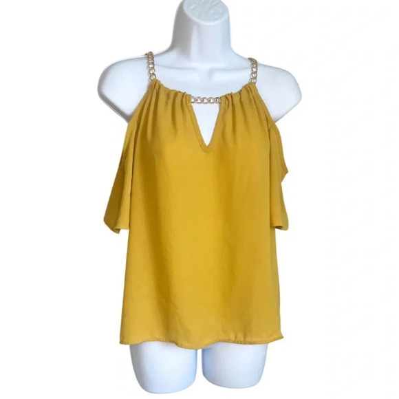 Charmed by Eve Women's Mustard Yellow Cold Shoulder Chain Detail Blouse Size M - Picture 5 of 6